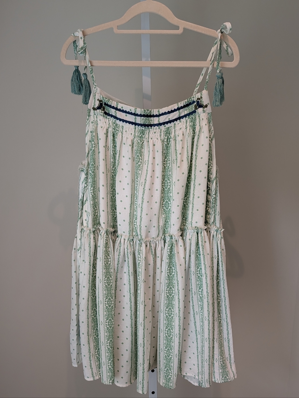 Easel Strappy Tie Shoulder Tassel Embroidery Dress Tunic Top Bohemian Hippie L